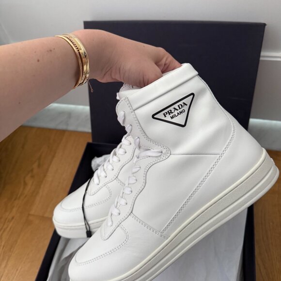 NWT Prada High Top Sneakers White Leather Lace Up Sz 41 - Picture 8 of 10